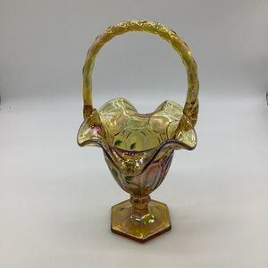 Fenton rare iridescent yellow Amber basket. Hand painted and signed.